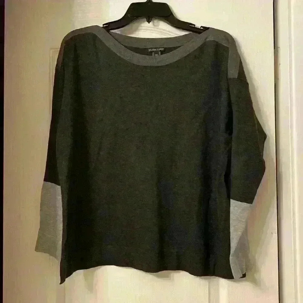 Eileen Fisher Gray Crew Neck Color Block Sweater, Small. SAME DAY SHIPPING!